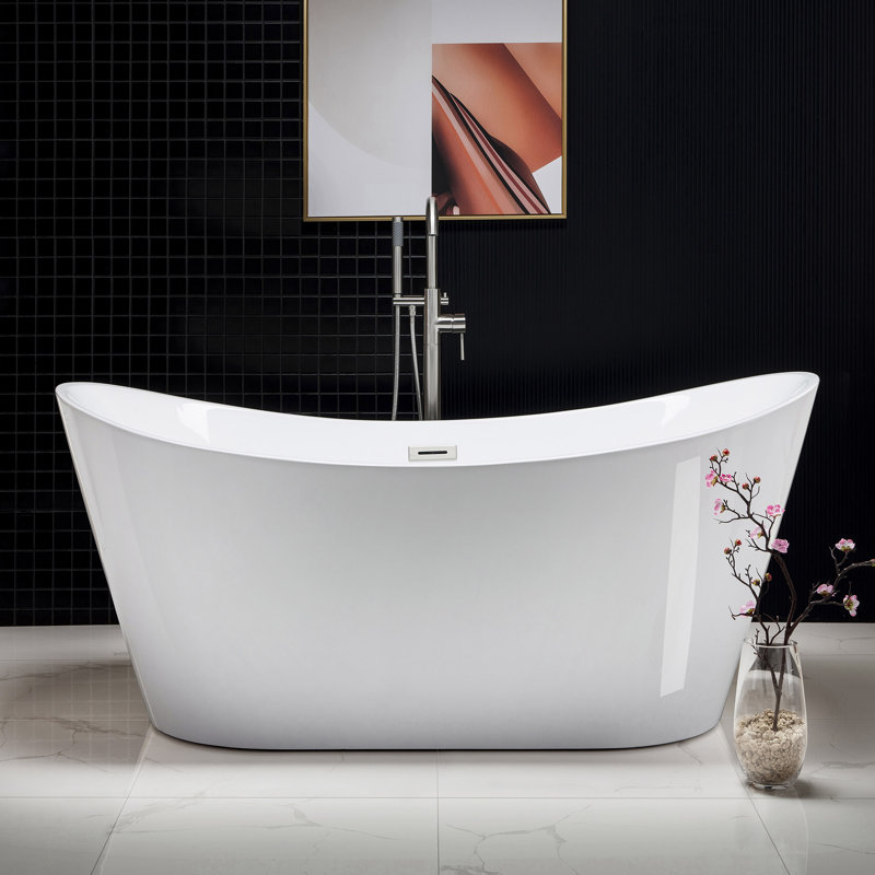67'' x 32'' Freestanding Soaking Acrylic Bathtub, White, Brushed Nickel