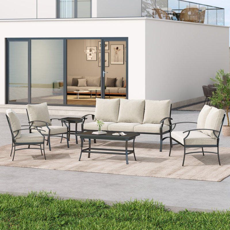 Nickita Outdoor Metal 7-Person Patio Set With Two Tables And Cushions, Beige