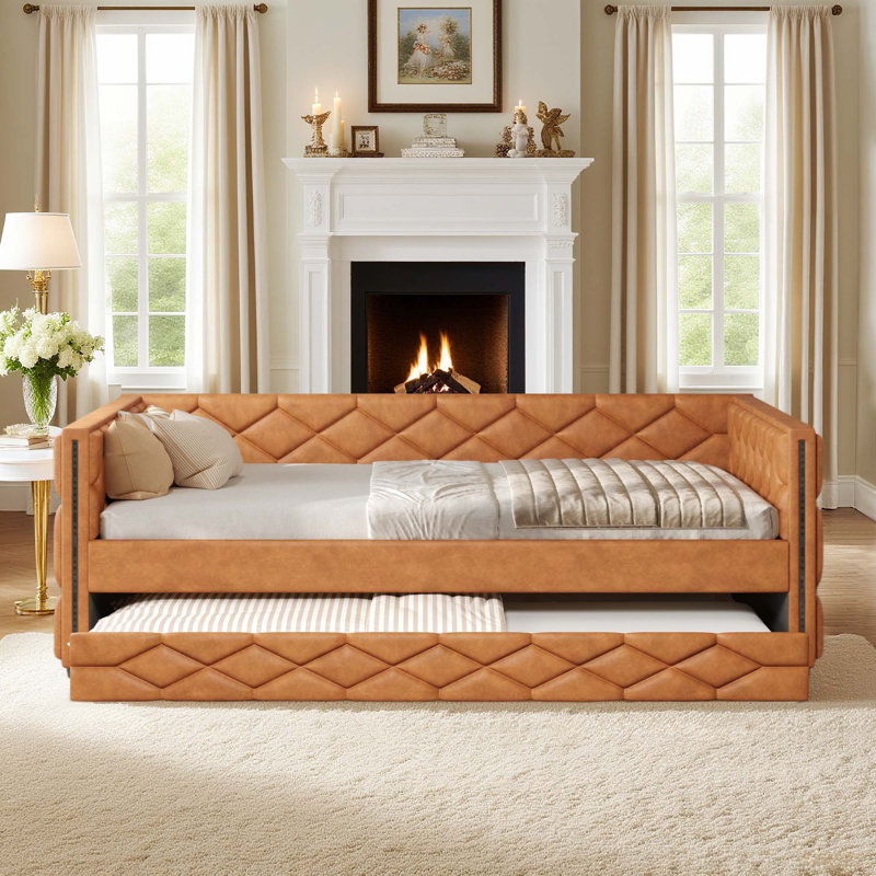 King Size Daybed With Trundle, Upholstered Sleeper Sofa With Led Lights And Wheels For Bedroom, Living Room Or Office, Brown