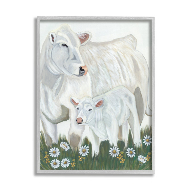 «White Bovins Family Mother Baby Calf Daisy Meadow» par Ashley Justice - peinture sur toile à cadre flottant