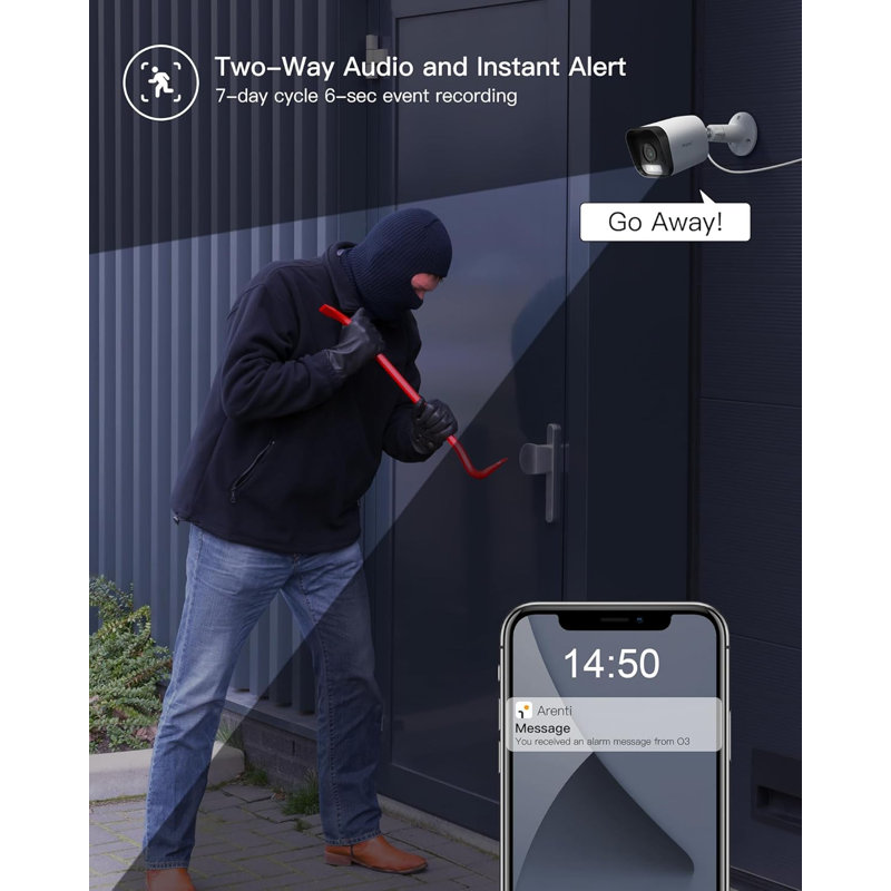 ARENTI 4MP Security Camera Outdoor Wired With Spotlight/Siren Alarm, Colour Night Vision, Motion/AI Human Detection, IP65, 2.4Ghz Only