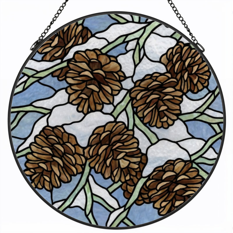 7.8"H Pinecone Snow Stained Glass Window Panel, 7.8" H x 7.8" W