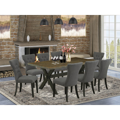 9 Piece Dining Table Set Includes a Rectangle Dining Room Table with X-Legs and 8 Dark Gotham Linen Fabric Upholstered Chairs, Wire Brushed Black Finish