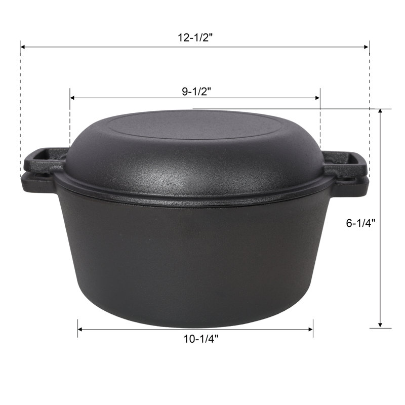 2 in 1 Pre-Seasoned Cast Iron Dutch Oven with Skillet Lid - 5 Quart, Includes Silicone Handles