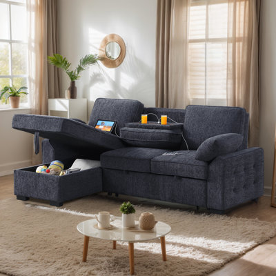 89" Pull-Out Sleeper Sectional Sofa with Reversible Storage Chaise, USB, Cup Holders