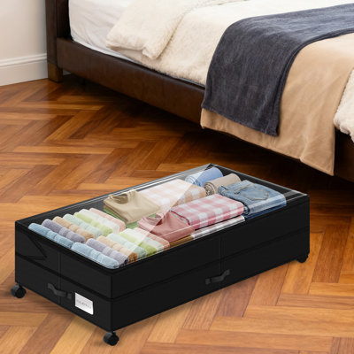 Retractable Under-Bed Storage Organizer With Wheels Black
