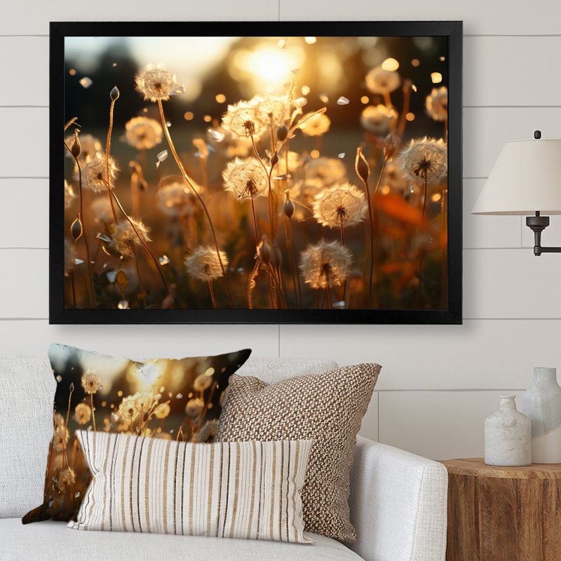 " Sunset Dandelion Field V ", 34" H x 44" W x 1.5" D, Black Picture Framed