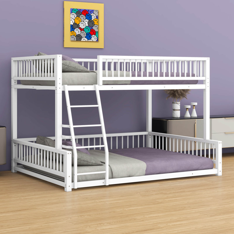 Floor Bunk Bed Frame With Ladder – Safety Guardrails Equipped, Simple & Easy To Assemble, Full XL Over Queen, White
