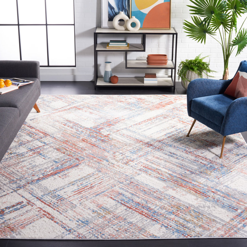 Tapis géométrique ivoire / rouille / bleu, Carré 6 pi 7 po