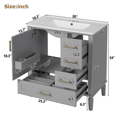 Meuble-lavabo de 30 po avec lavabo en céramique, porte à fermeture en douceur avec tablette intégrée, tiroir profond, tiroir standard, grand tiroir diviseur, grande armoire de rangement pour la salle de bain, design moderne et fonctionnel