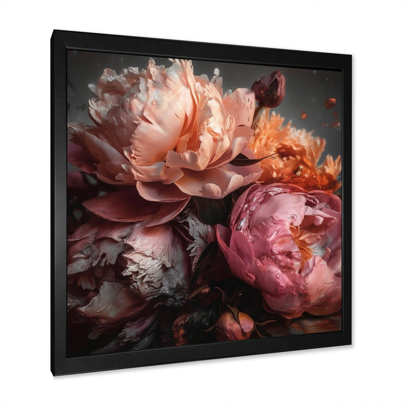 Orange rose, pivoines en fleurs - pivoines, reproduction d'art sur toile encadrée, Cadre photo noir, H 30 po x l 30 po