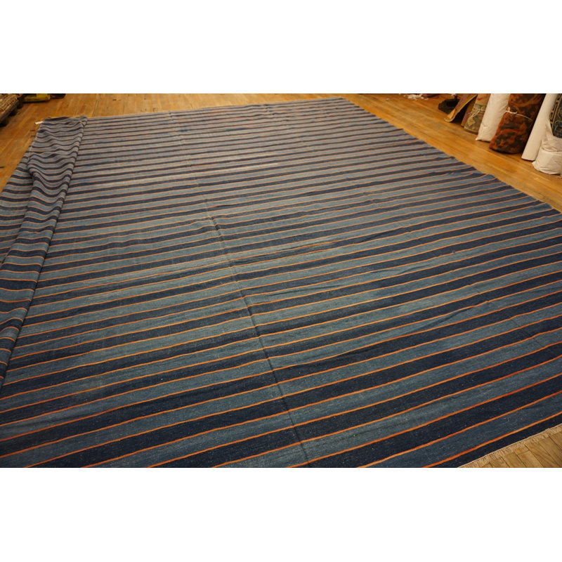 Large Square Flatwoven Blue Color Antique Striped Dhurrie Rug