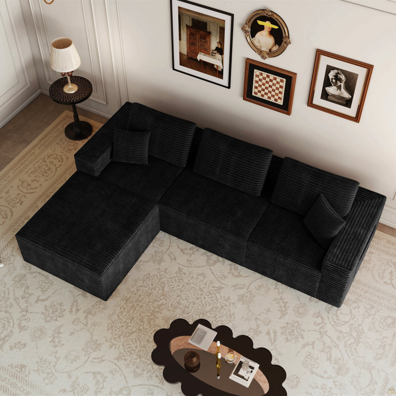 Siège de canapé modulaire 106,30 * 70,87 po, canapé rembourré et compressé pour le salon, la chambre à coucher, l’appartement, aucun assemblage requis, combinaison gratuite de 4 PC, tissu en velours côtelé moelleux, NOIR