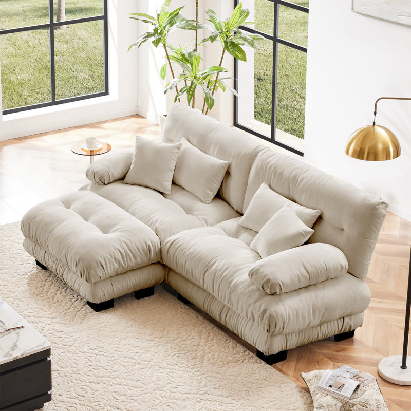 Chenille Cloud Couch 2 Seater Sofa with Ottoman, Light Coffee, 35.4" H x 94.4" W x 36" D