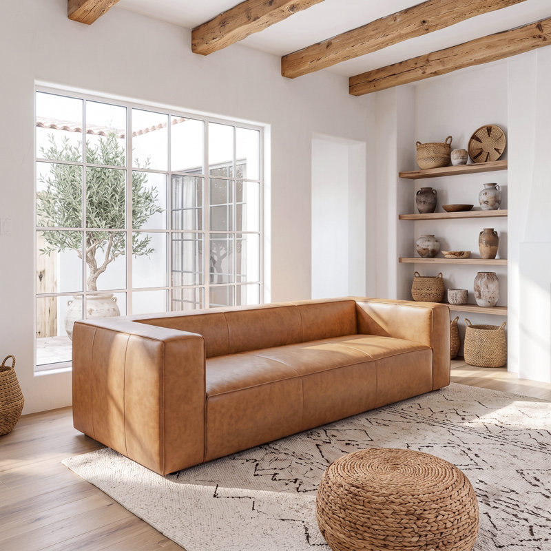 Canapé moderne en cuir véritable Latravion, Cuir véritable brun clair