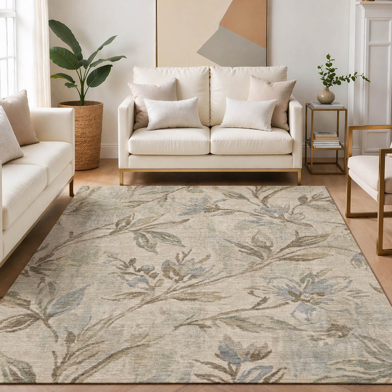 Tapis floral intérieur / extérieur lavable à la machine Chantille ACN2951, Taupe, 8' x 10'