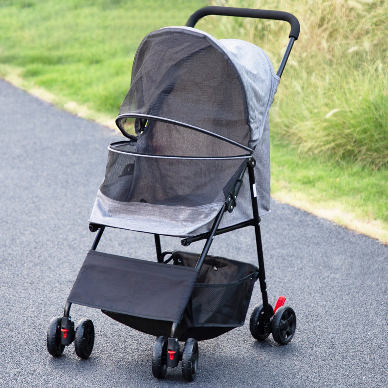 Poussette 4 roues pour animaux, poussette pliable pour chiots avec housse de protection contre les intempéries et panier de rangement pour petits chiens et chats de taille moyenne, noir et gris 
