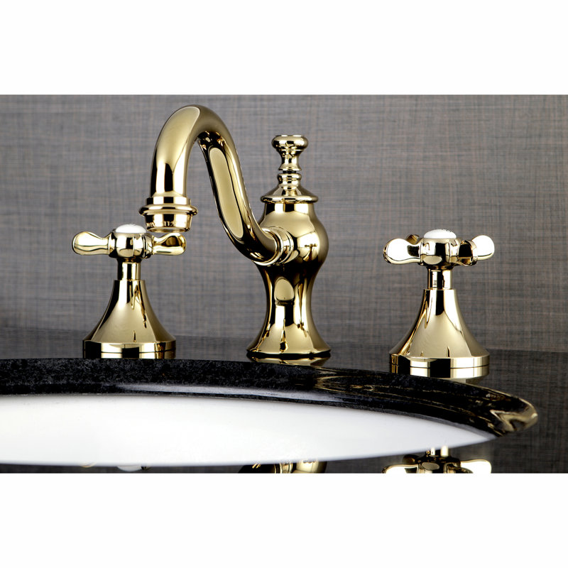 Kingston Brass Essex Two-Handle 3-Hole Deck Mount Widespread Bathroom Faucet with Brass Pop-Up Drain, Polished Brass