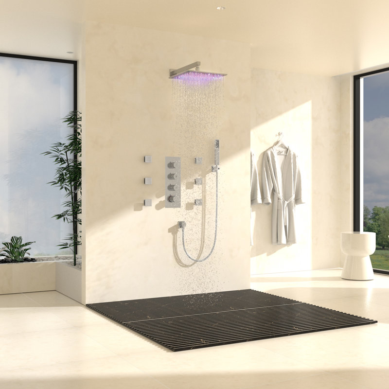 12 Inch Chrome LED Wall Mounted Rain Shower System with Handheld and Body Jets