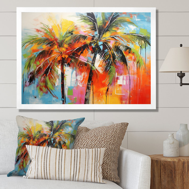 «Popart Palm Trees I», reproduction d'art sur toile Palm Trees, H 34 po x l 44 po x P 1,5 po, Cadre simple blanc