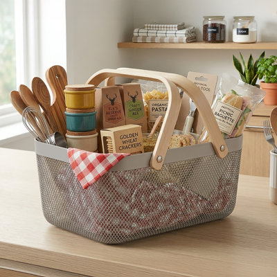  Grand panier de rangement en plastique avec poignée en bois couleur pierre