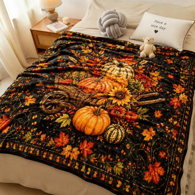 Cozy Autumn Harvest Wheelbarrow Blanket, Decorative Fall Pumpkin & Leaf Throw for Sofa Couch Bedroom Living Room Home Decor