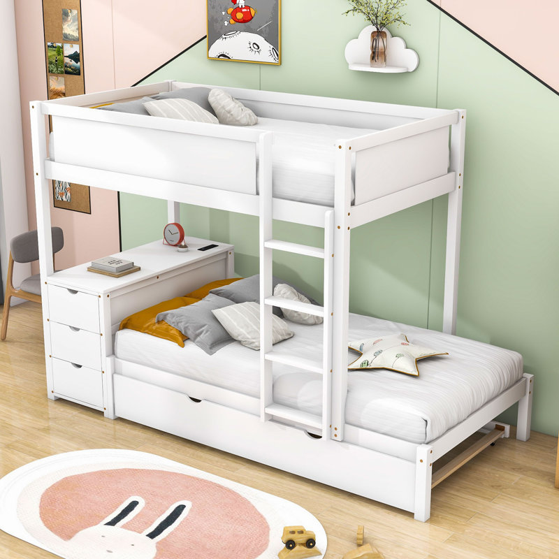 Lit superposé à trois tiroirs avec lit gigogne simple, bureau intégré et ports USB, Simple sur simple, Blanc