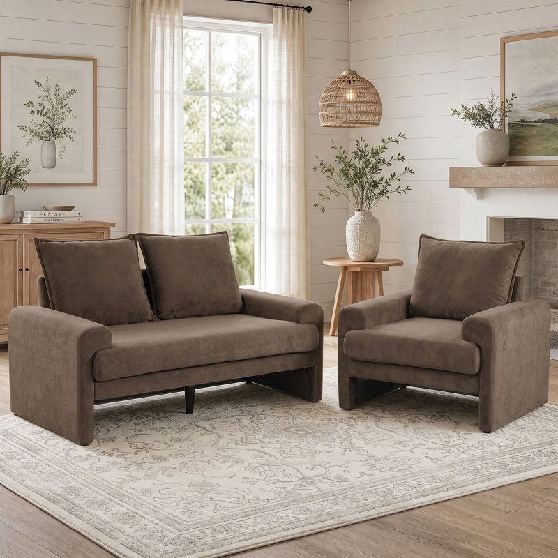 Ensemble canapé et fauteuil lounge rembourrés, collection de sièges en tissu avec accoudoirs incurvés et coussins profonds