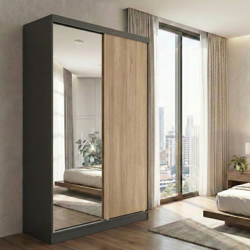 Armoire-penderie Eliason, Gris foncé / chêne naturel