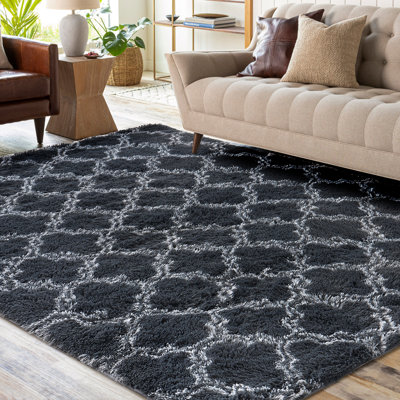 Ackerson Area Rugs  Shaggy High Pile Lantern Pattern Rugs For Living Room, Bedroom & Playroom, Dark Grey Soft Fluffy Carpet