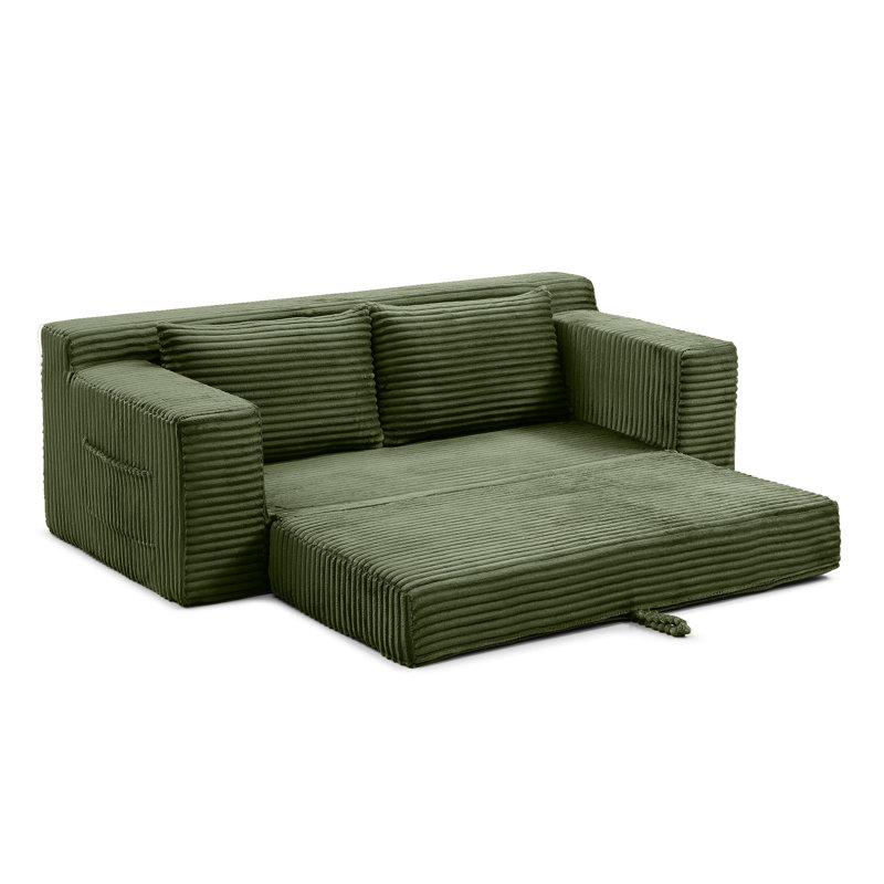 2-Seats Convertible Floor Sofa Bed With Storage Pocket, 3D Folding Mattress Sofa, Green