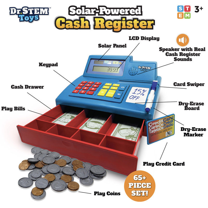 Dr. STEM: Caisse enregistreuse à énergie solaire - Jouet de jeu de rôle de 68 pièces, calculatrice de travail, sons, argent de jeu et carte de débit, enfants de 3 ans et plus