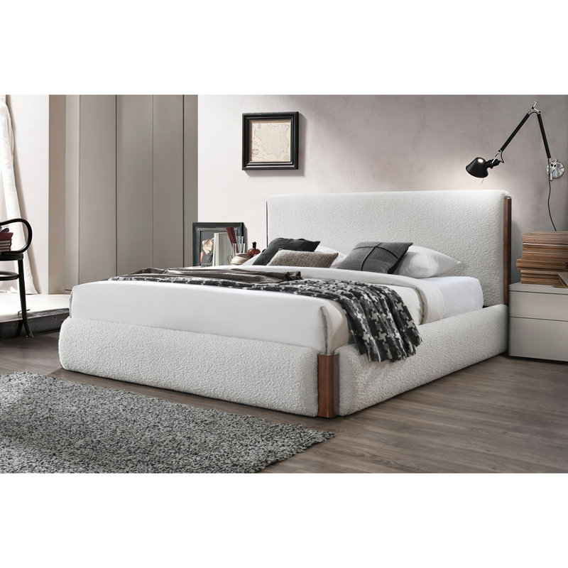 Sandro King White Boucle Upholstered Bed with Walnut Frame