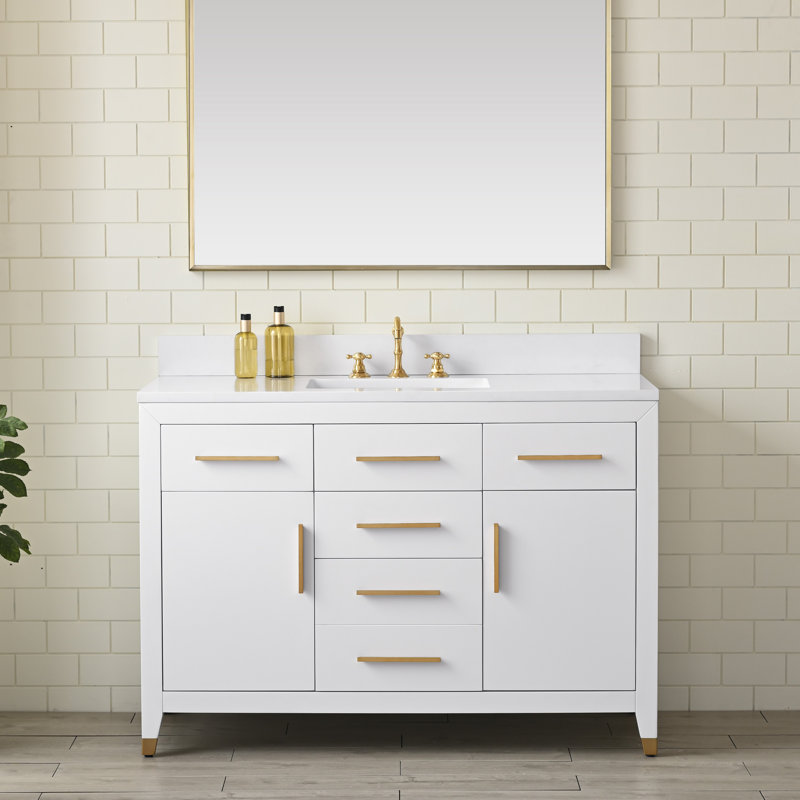 Ensemble de meuble-lavabo simple autoportant 48 po avec plateau en pierre d'ingénierie Maddison, Blanc
