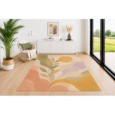 Tapis neutre de 5 pi x 7 pi «Ultra Léger», branche de feuille minimale avec motif de vagues organiques en vert sauge moutarde, terre cuite, beige, tapis neutre pour le salon, la chambre à coucher et le décor
