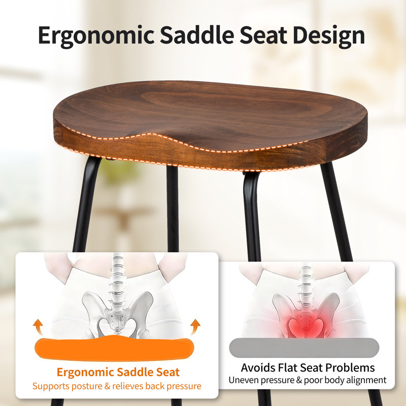 llle Solid Wood Backless Saddle Seat with Footrest Stool Set, Counter Stool (26" Seat Height), Walnut/Black, 3