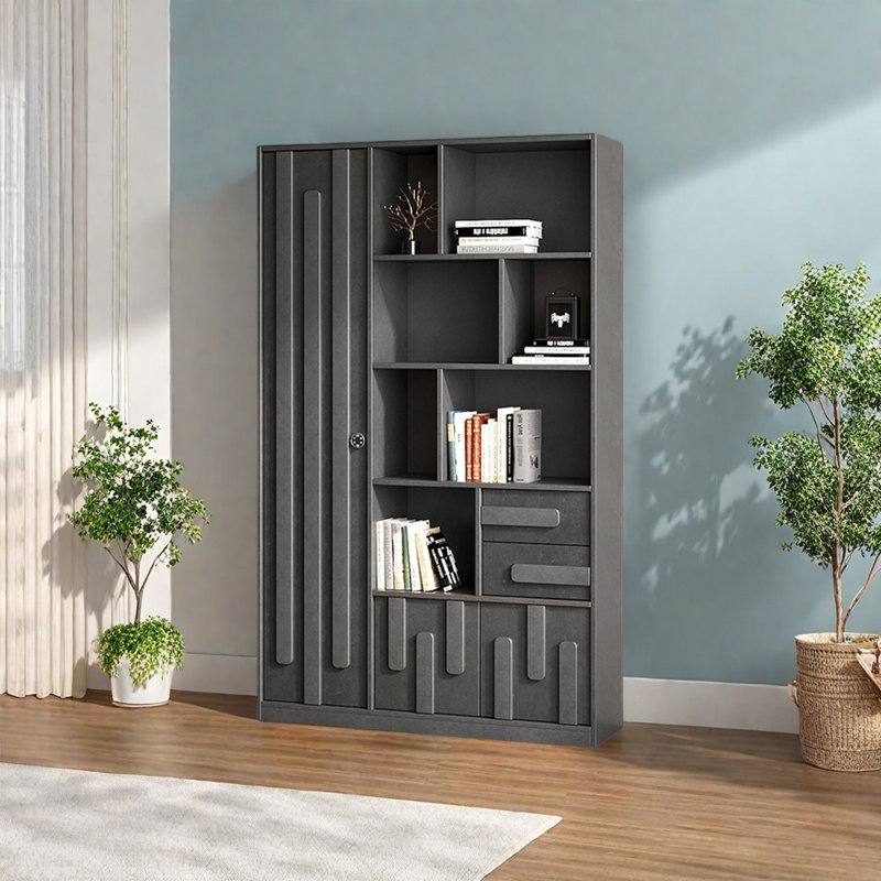 Bibliothèque de rangement de style chinois, Gris, (7 tablettes) H 78,74 po x l 55,12 po x P 13,78 po