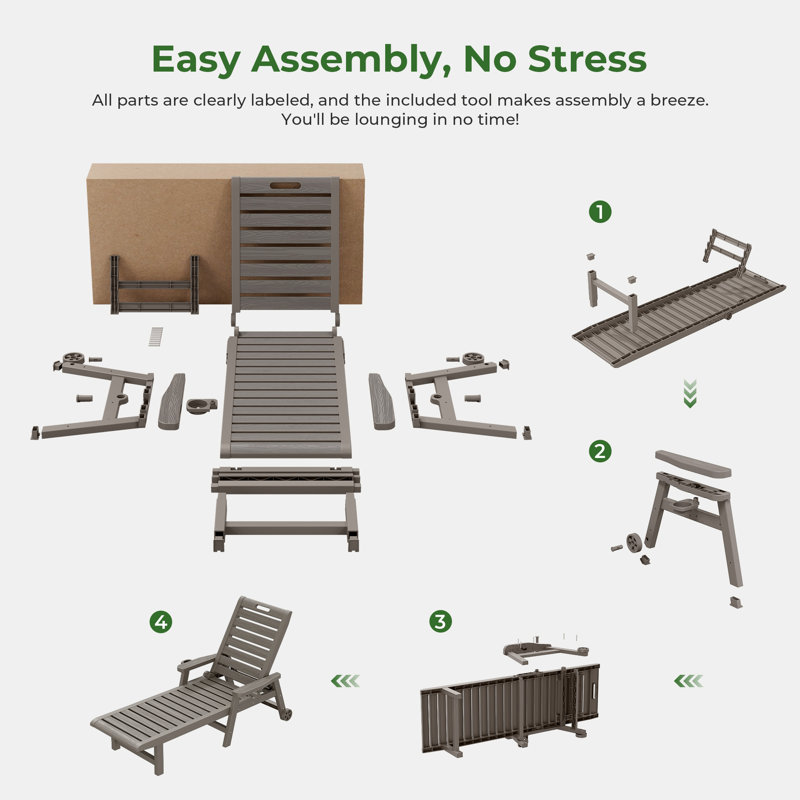 Ensemble de 2 chaises longues d'extérieur – Chaise longue inclinable en PEHD avec dossier à 5 positions, porte-gobelets et roulettes verrouillables