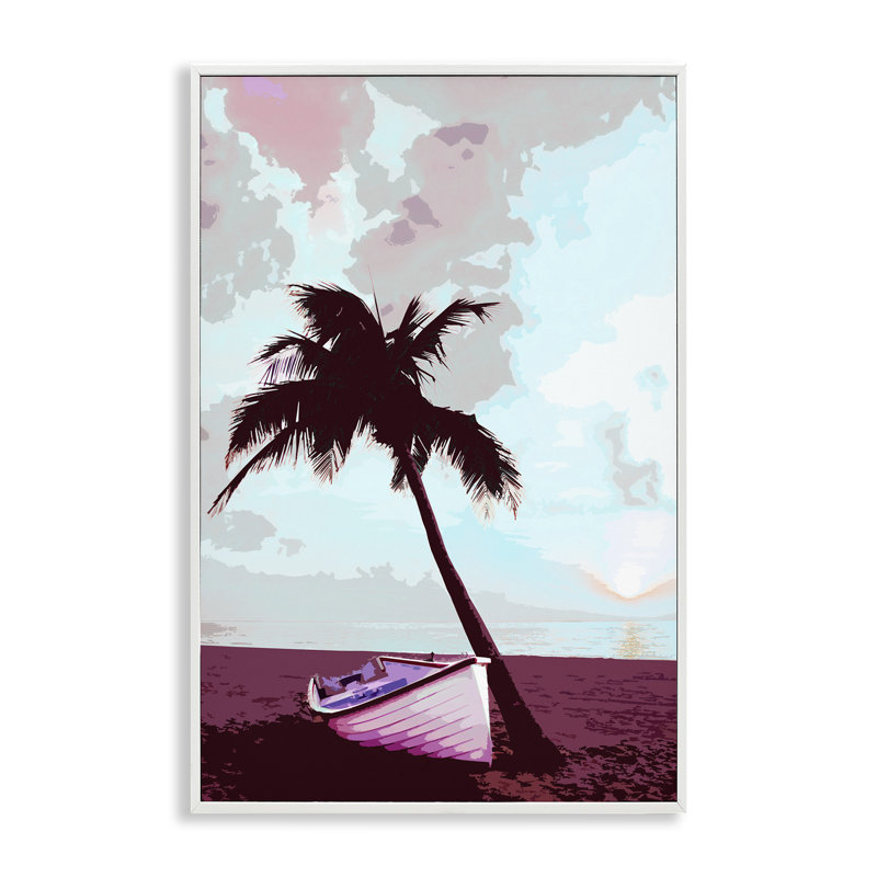Bateau et palmier, art de la giclée encadrée par Marcus Prime, Giclée encadrée blanc bord de mer, H 24 po x l 16 po