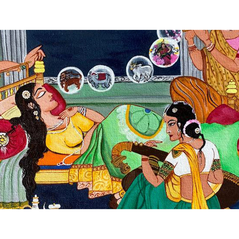 Quatorze rêves de Trishala, la mère de Tirthankara Mahavira (peinture Jain) | Acrylique sur toile