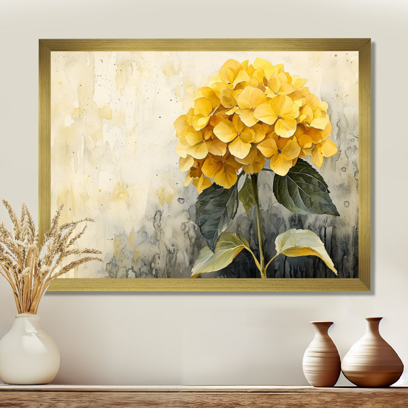 Jaune hydrangée jaune III - art mural hortensia, Impression d'un seul cadre photo, H 30 po x l 40 po, Doré