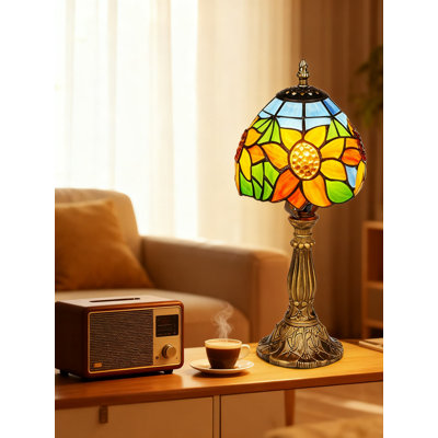 Lampe de table de style Tiffany avec abat-jour en verre coloré tournesol, lampe de table de chevet antique fabriquée à la main pour chambre à coucher, salon ou bureau, avec ampoule DEL