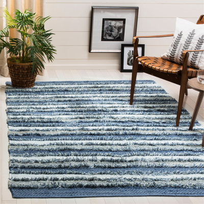 Tapis bleu / gris / blanc en coton tissé à plat à la main Monaca