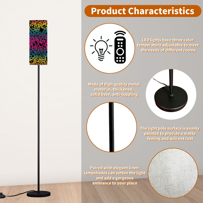  68.5" Standing Floor Lamp Rainbow leopard seamless Colorful neon Dimmable Metal Pole Lamp with Linen Lampshade LED Bulb Included