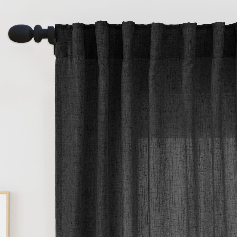 Toyoko Linen Blend Semi-Sheer Back Tab Curtains, 52" W x 96" L, Black