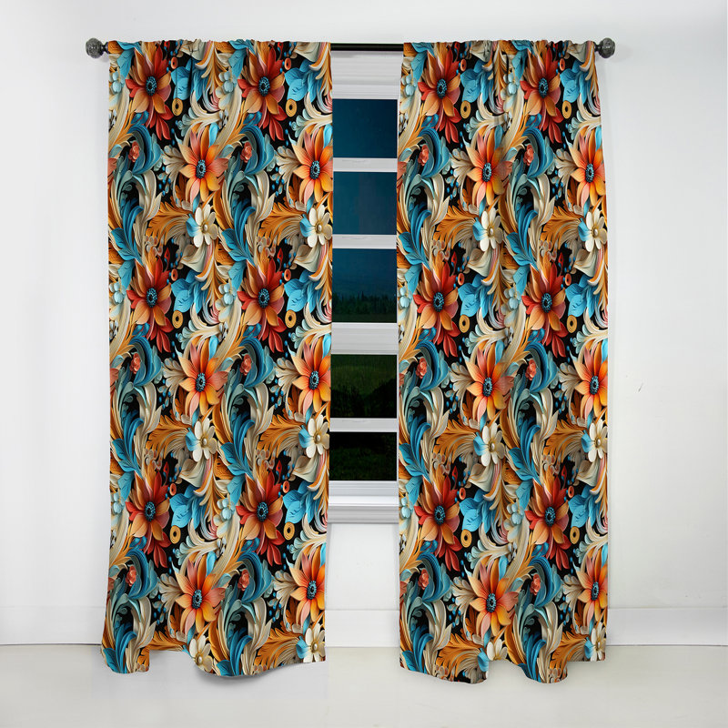Motif de cachemire roses orange et bleu - motif floral cachemire - 1 panneau, L 52 po x L 120 po