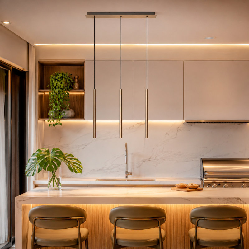 Luminaire suspendu linéaire à 3 lumières pour îlot de cuisine Baileyton, Laiton