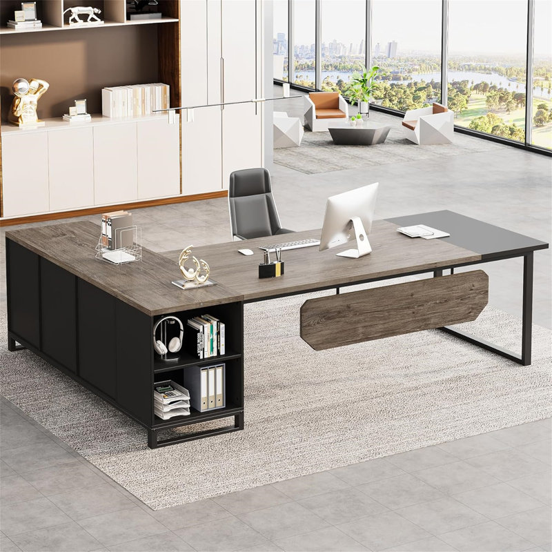 Bureau de direction en L 70,8 po avec classeur de 55 po (sans la chaise), Gris