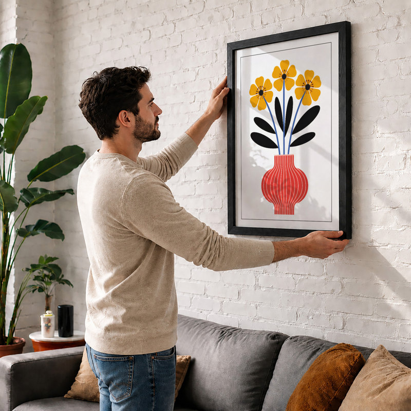 Yellow Blooms in Red Vase Mid-Century - Framed Print, A4 - 29.7 x 21.0 cm, Walnut