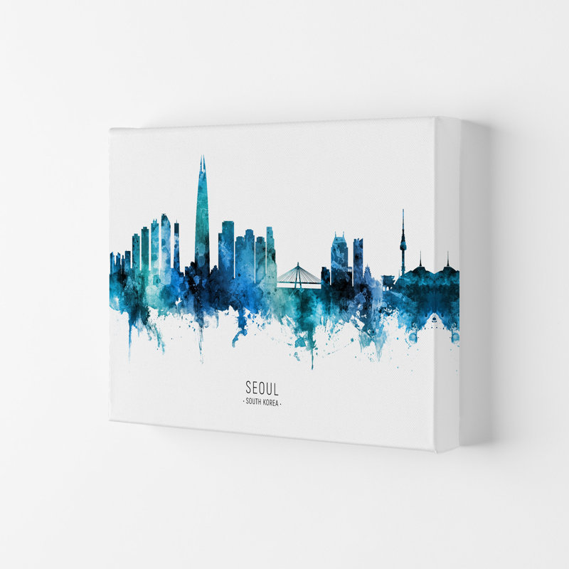 Seoul South Korea Skyline Blue City Name by Michael Tompsett - Print, 42cm H x 59.4cm W x 4cm D, Wrapped Canvas